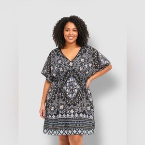 Plus Size Black Floral Border V-Neck Swim Cover-Up